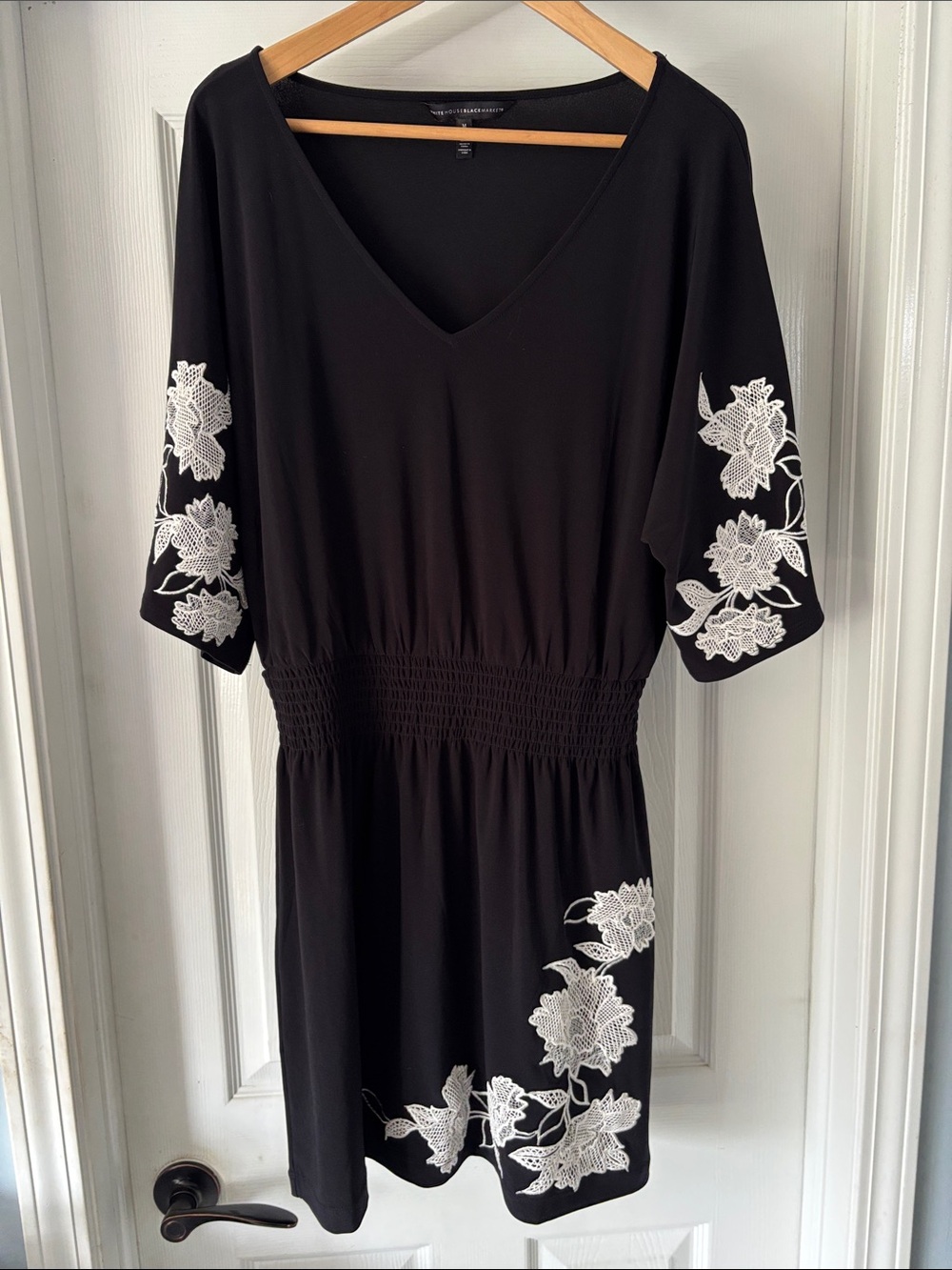 White House Black Market Black Mini Dress with White Floral Embroidery